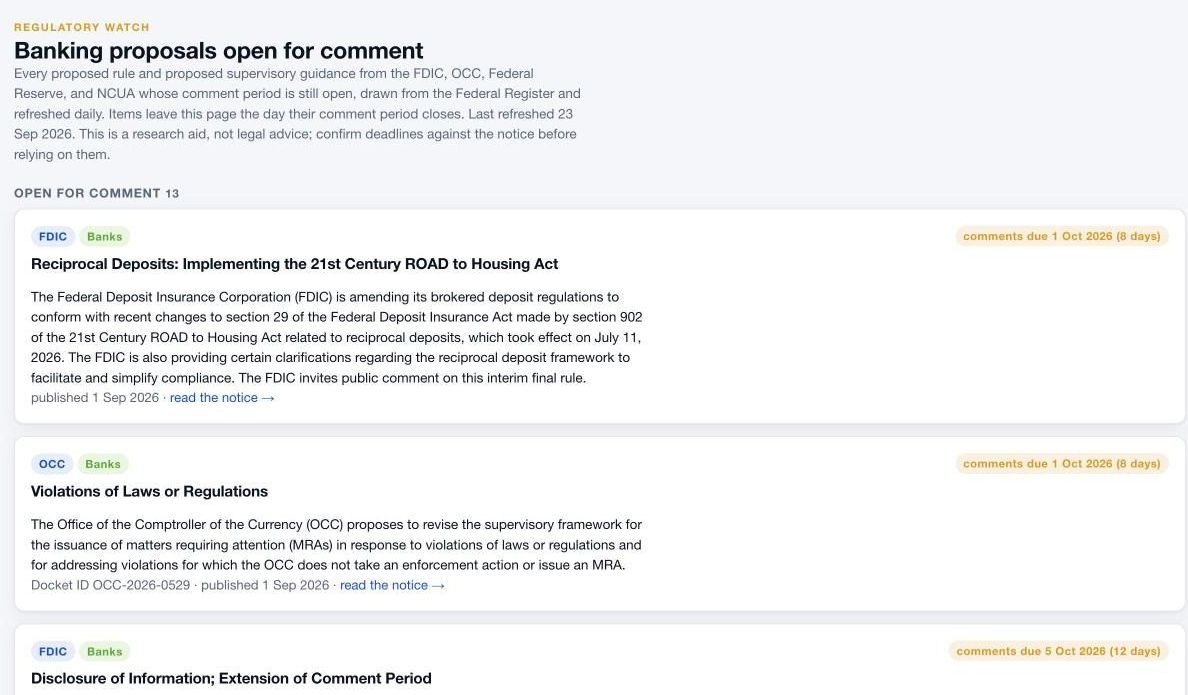 Regulatory Watch listing banking proposals open for comment with their deadlines